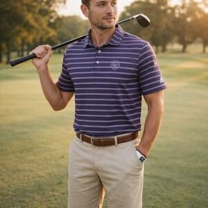 Adidas Mens Striped Golf Polo Shirt Purple Athletic Casual Medium Country Club